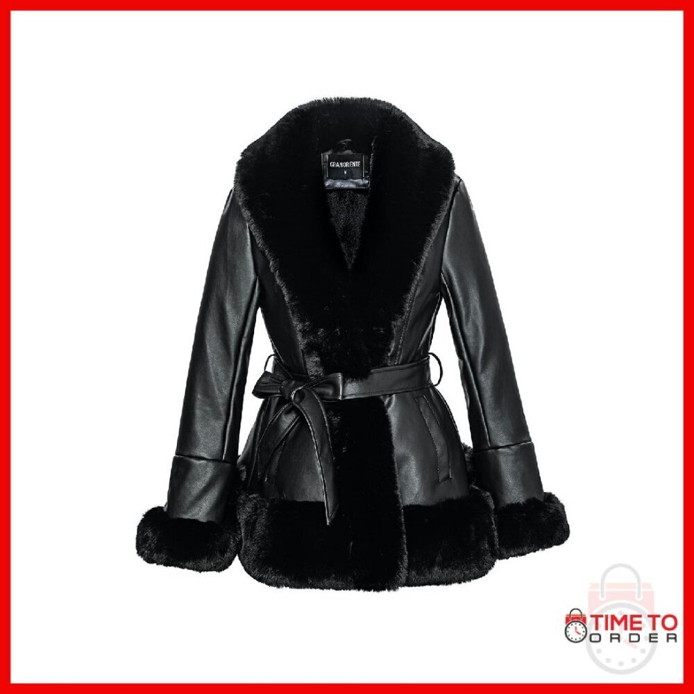 Faux Leather Jacket with Faux Fur Collar, Peplum Parka Coat with Belt